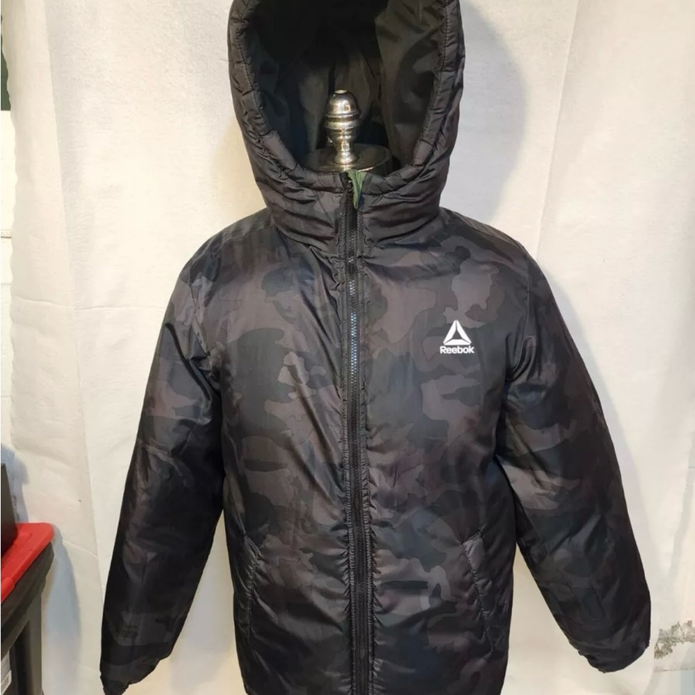 NEW Reebok Reversible Olive / Camouflage Hooded Puffer Jacket Men's Size Small